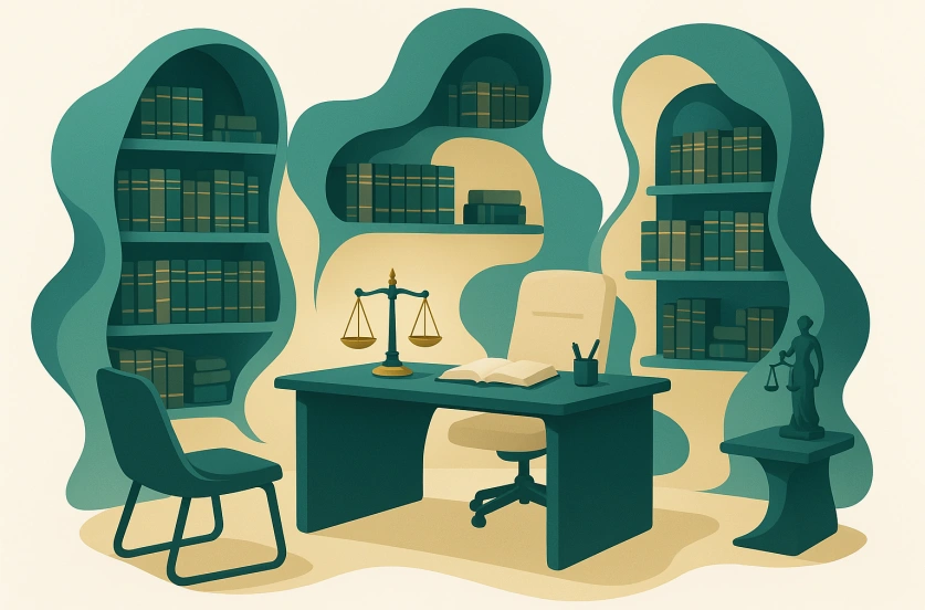 Boutique law firm office with legal books and attorney desk